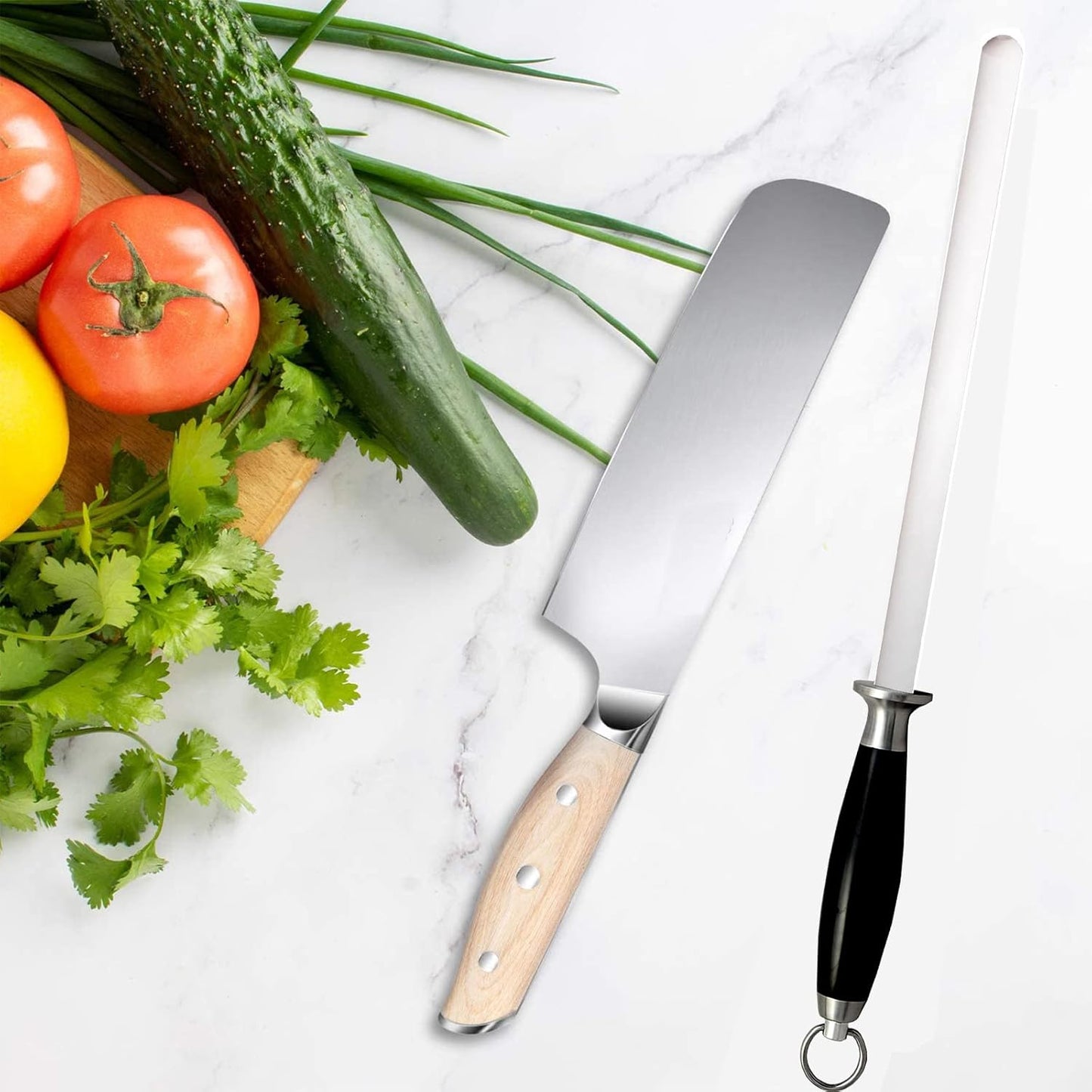 Varilla de afilar, cerámica, 9", P/cuchillos profesionales y caseros.