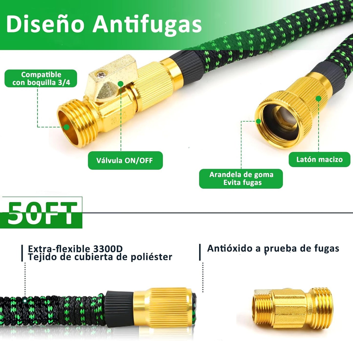 Manguera de Jardín, 75FT/22.5Mts, Expandible con boquilla 10 modos.