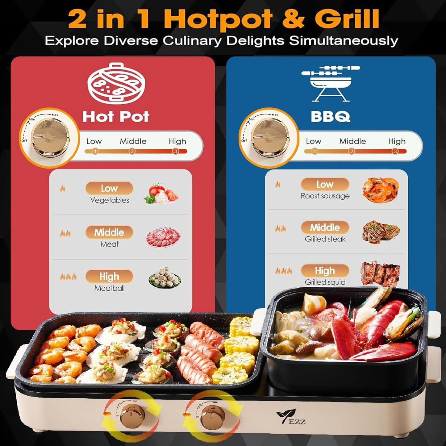 Parrilla eléctrica para interiores, 2 en 1, Control de Temp. (USADA).