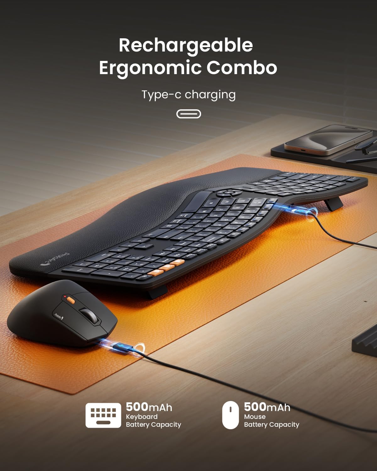 ProtoArc Teclado y mouse ergonómicos, Bluetooth, recargable. NEGRO
