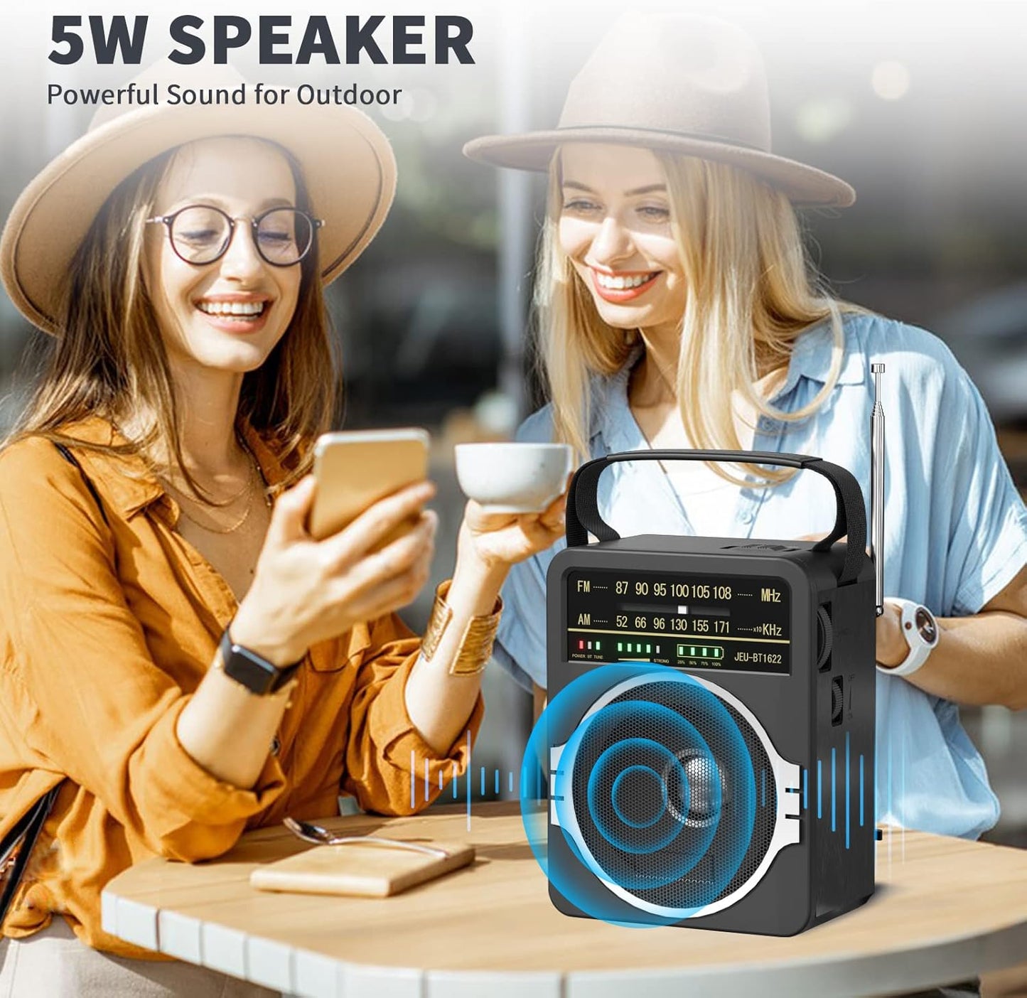 Radio FM portátil AM, radio Bluetooth 5.0, altavoz de 5V. JEUJUG.