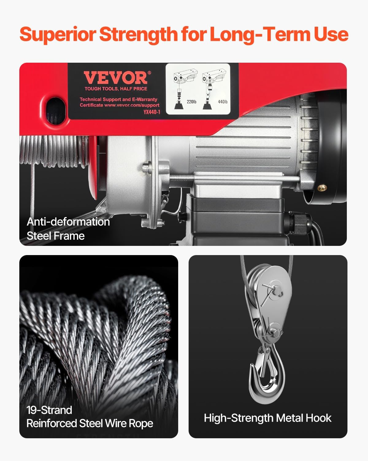 Polipasto eléctrico con control remoto, VEVOR, 440 lbs. 110 V.