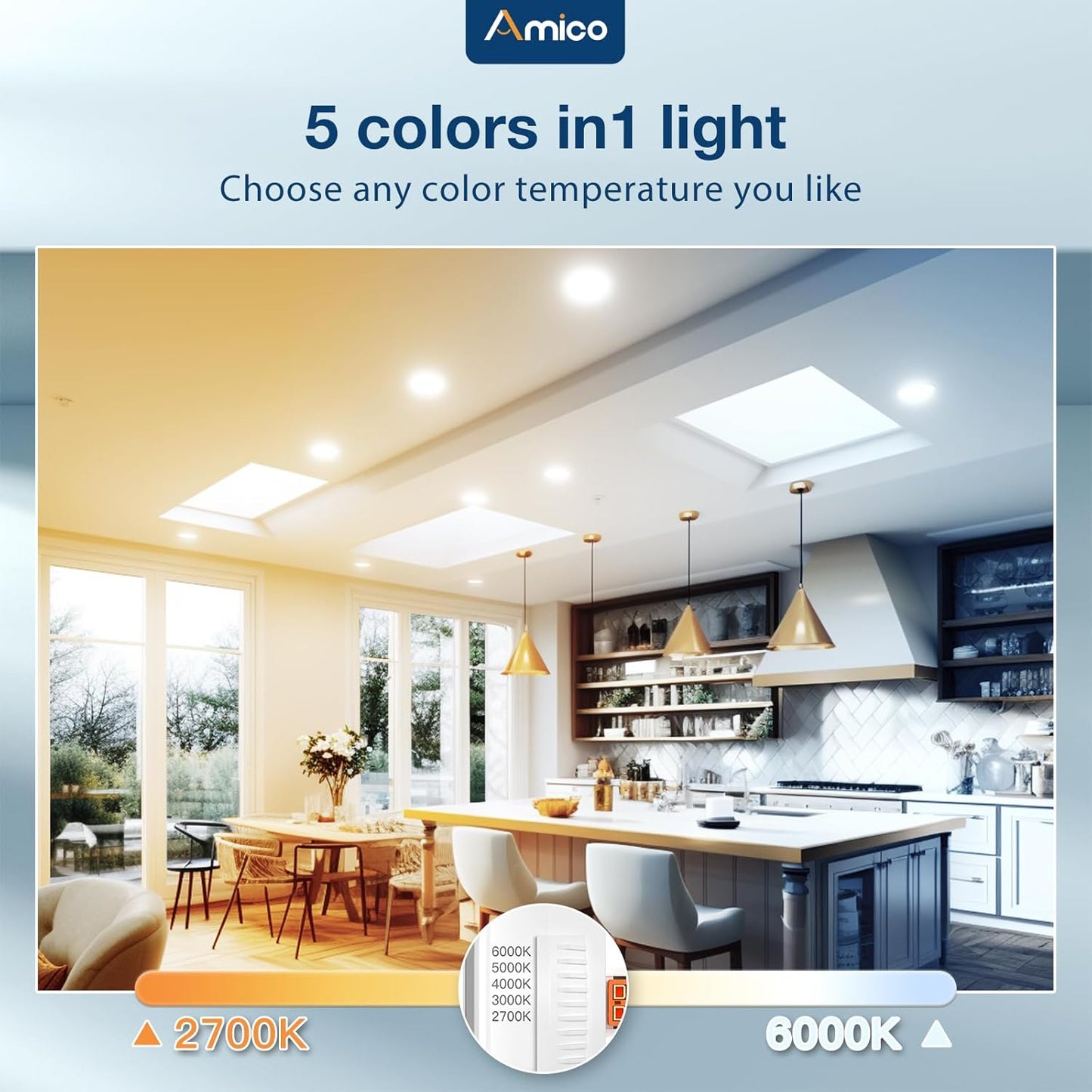 Iluminación LED empotrable de 5/6 pulgadas 5CCT, 20Pcs, AMICO.