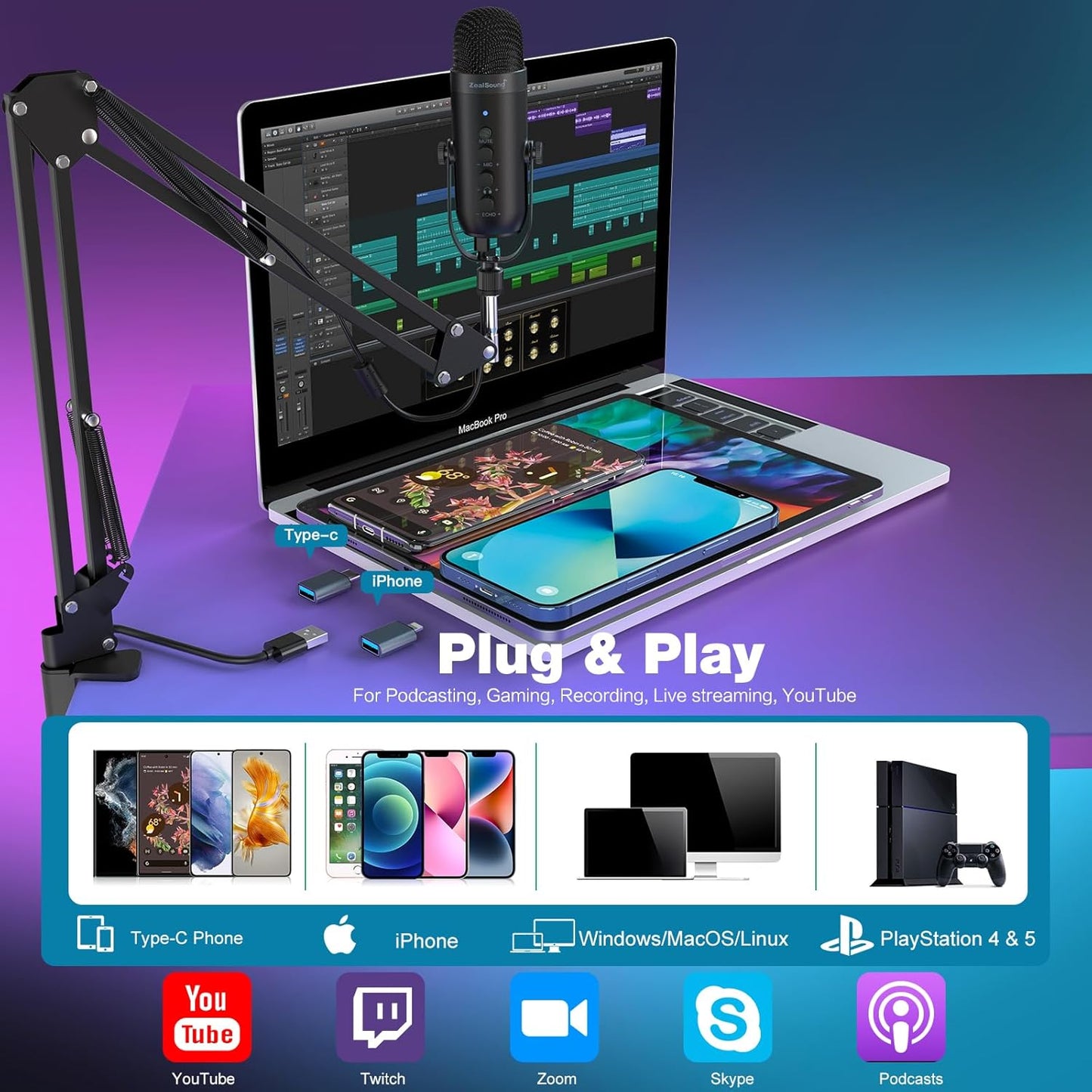 ZeaLSound Micrófono para PC,micrófono condensador de podcast.