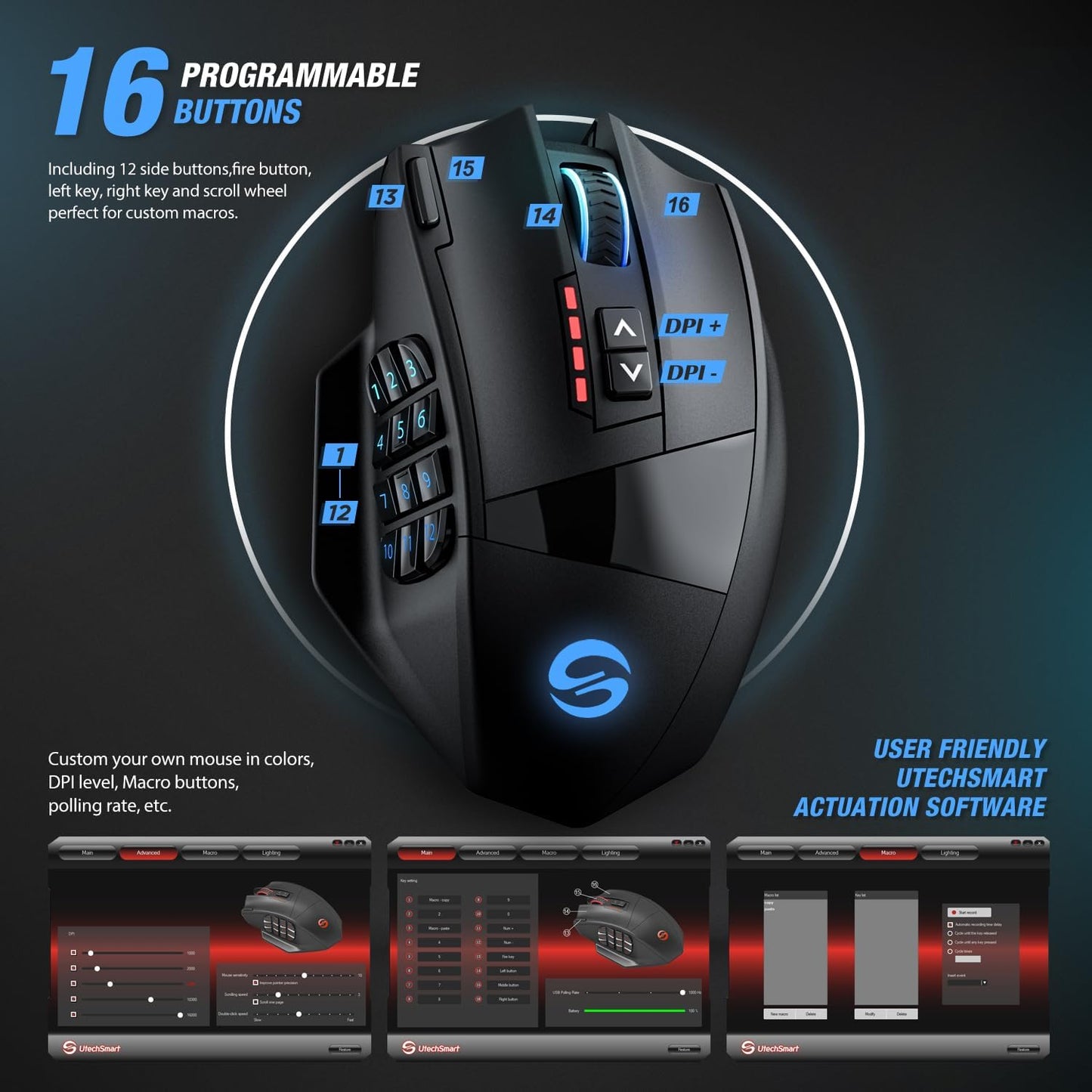 UtechSmart Venus Pro RGB Wireless MMO Gaming Mouse.