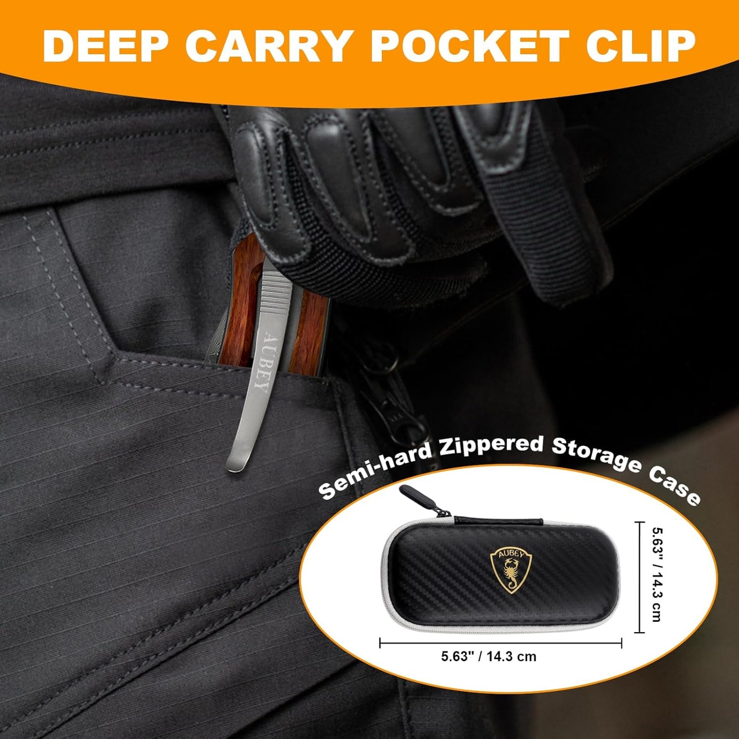 AUBEY Cuchillo de bolsillo plegable de Damasco hecho a mano c/clip.