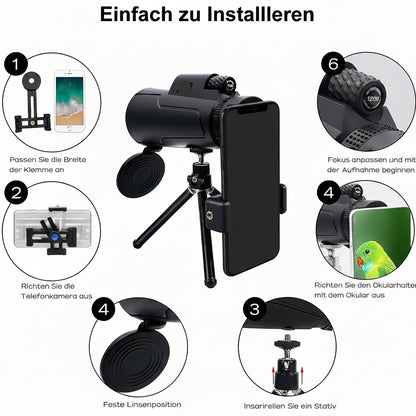 Telescopio monocular 12x50, con soporte para smartphone y trípode.