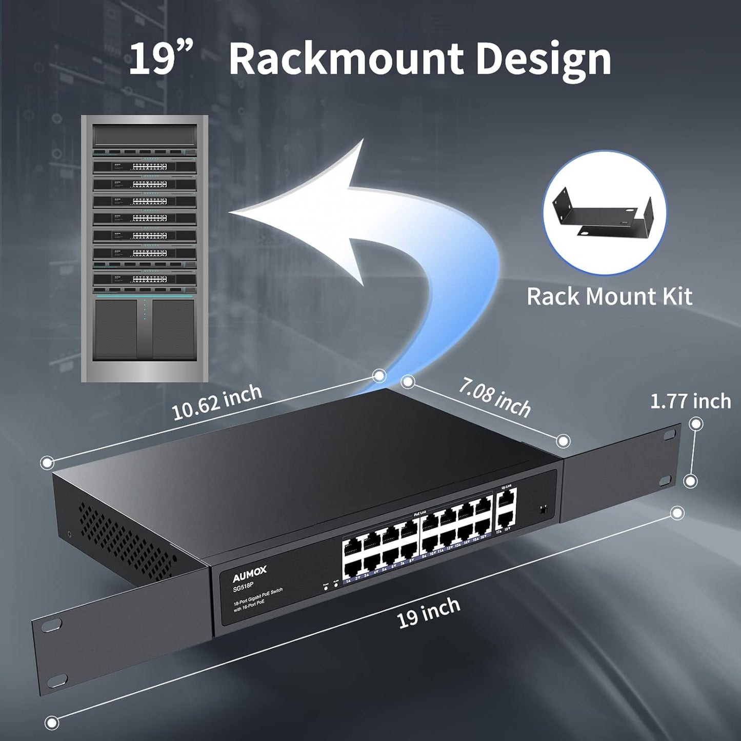 Aumox conmutador Ethernet Gigabit PoE de 18 puertos.