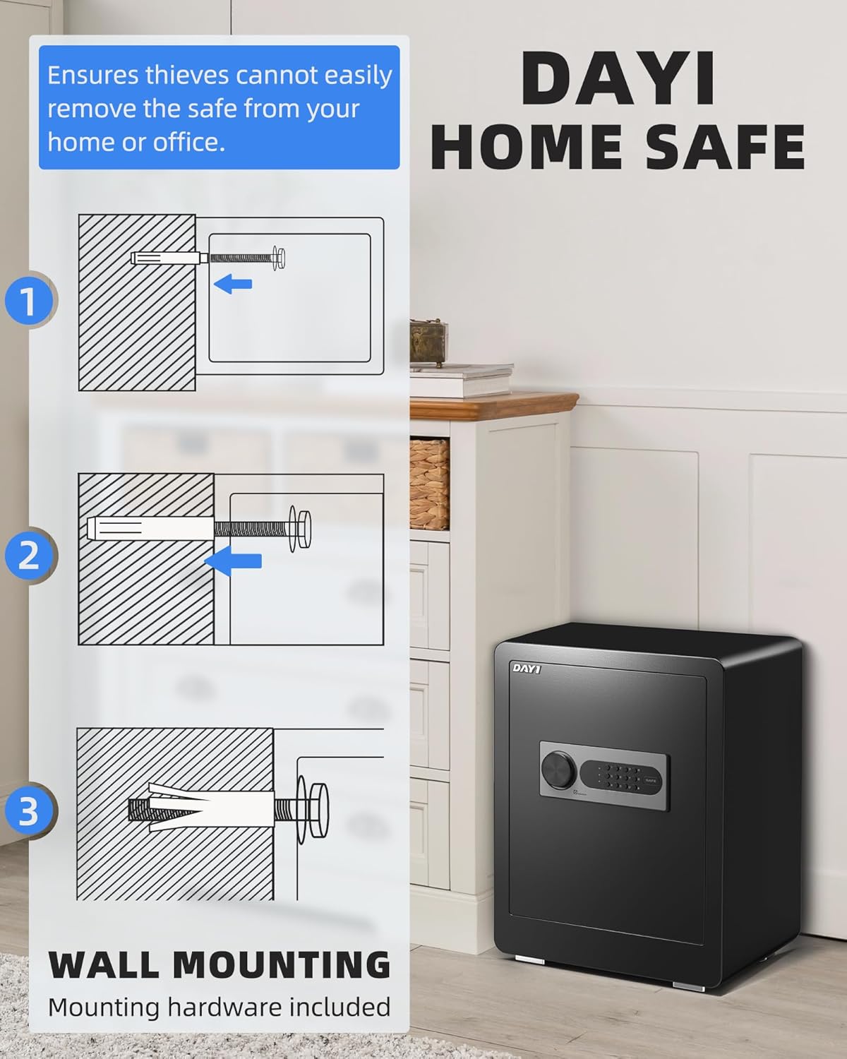 Day1 Caja Fuerte, Segura, Alarma Doble, Estante Extraible.