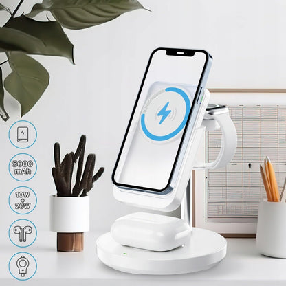 Cargador portátil inalámbrico para iPhone, AirPods y Smartwatch.