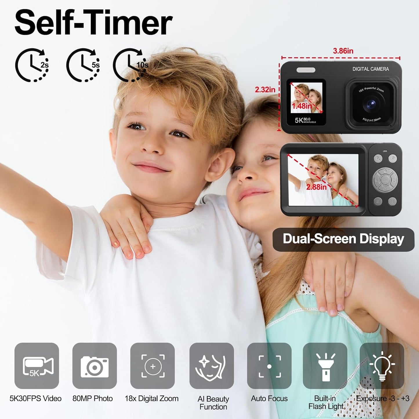 Cámara digital de doble pantalla 5K, 80 MP, para vlog y apps.