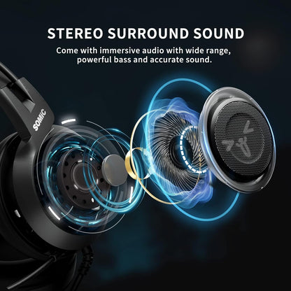 Auriculares stereo p/ juegos, con micrófono, desmontables, SOMIC.