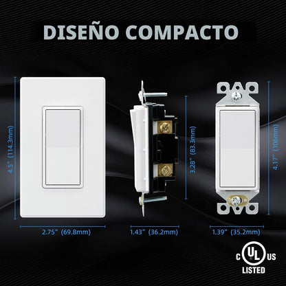 Interruptor Elegrp unipolar decorativo, 15A 120/277V, con placa de pared.