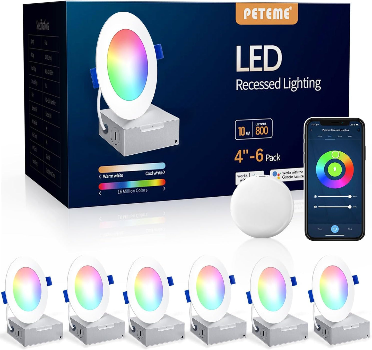 Iluminación LED, inteligente, empotrable, Peteme 4", 6 pack.
