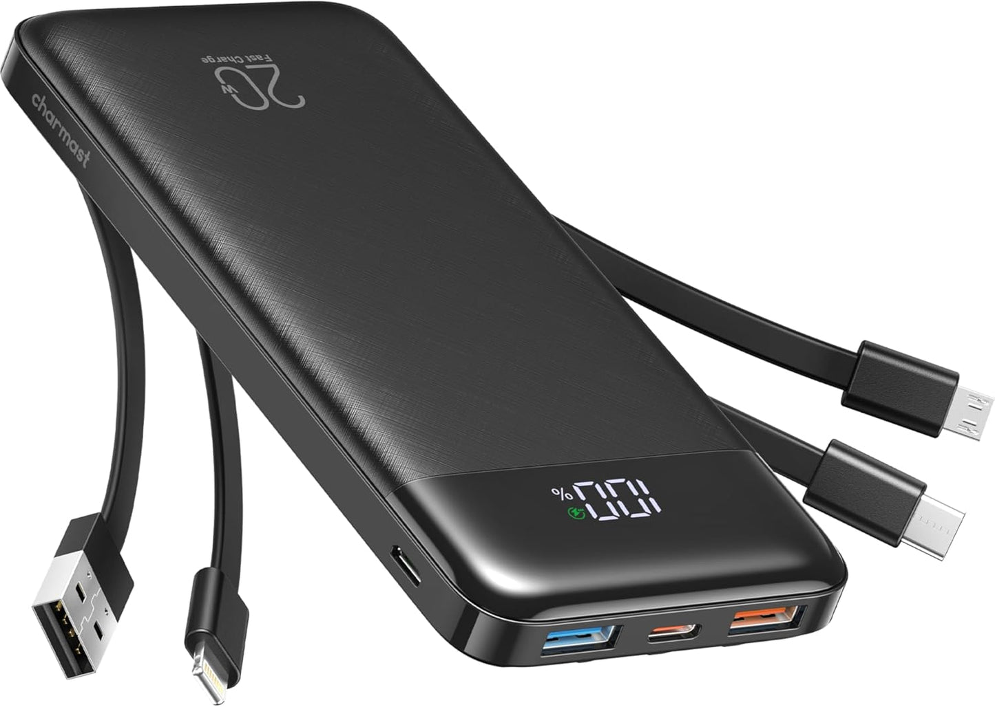 Charmast-Cargador portátil negro de 20000 mAh con 4 cables