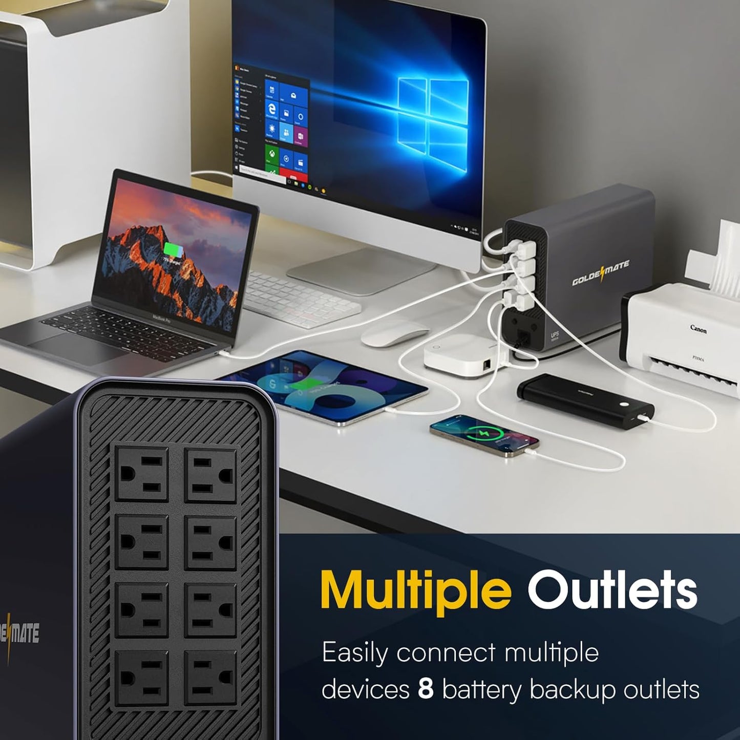 Fuente de alimentación, protector de sobretensiones y batería.