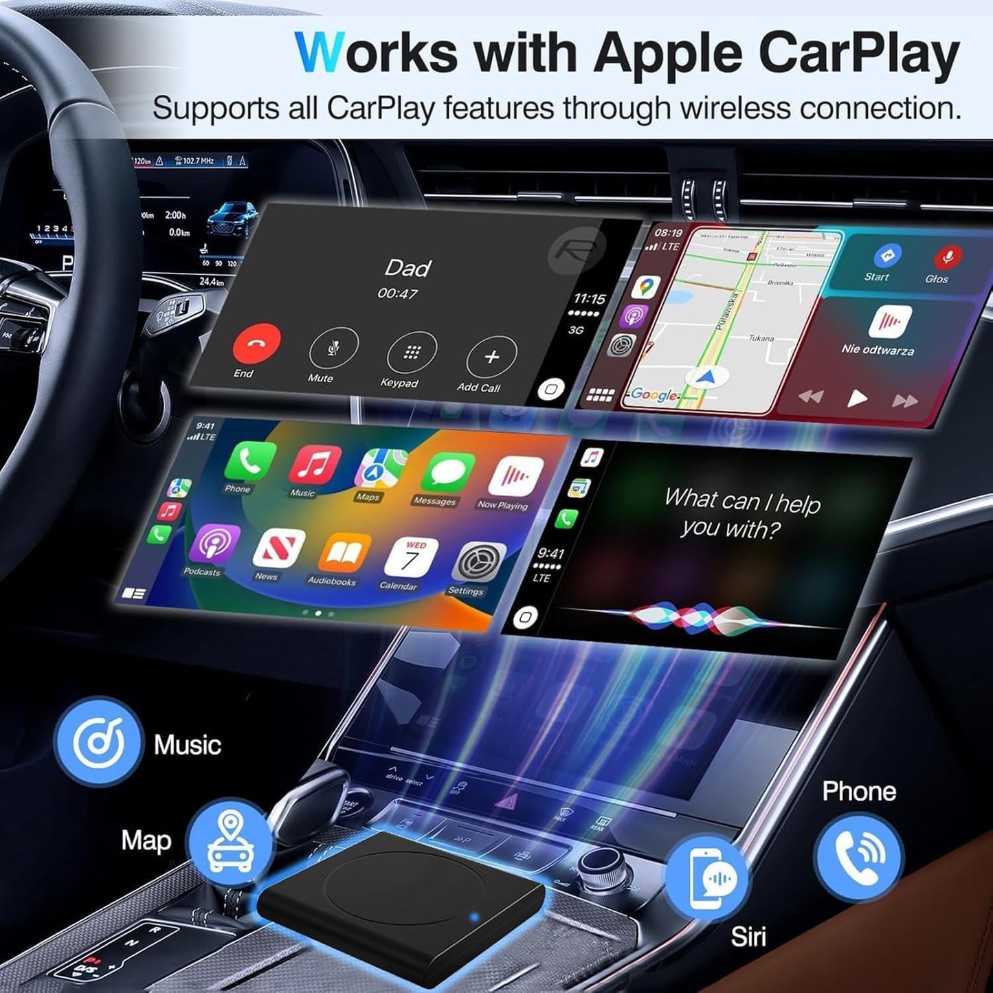Adaptador Carplay inalámbrico, para modelos de auto 2016 a 2025.