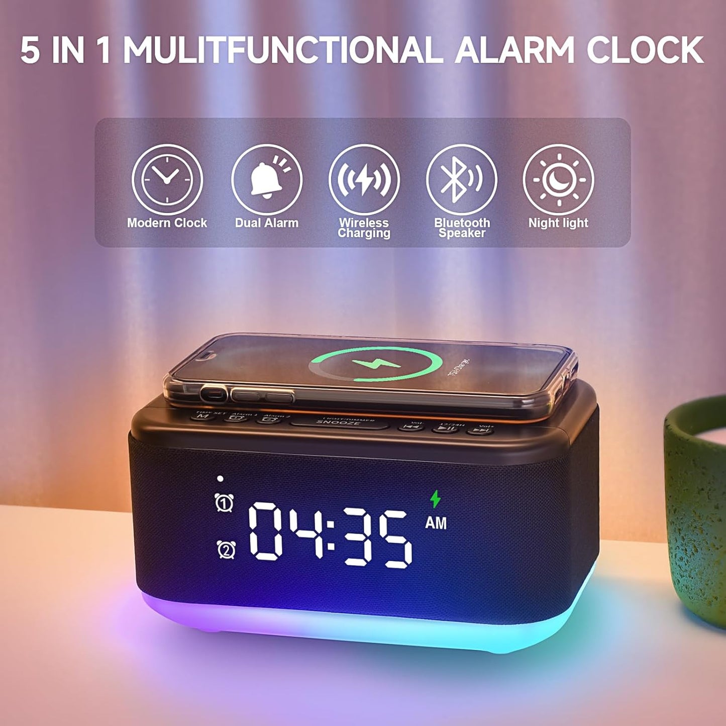 Reloj despertador con altavoz cargador inalámbrico, despertador digital,
