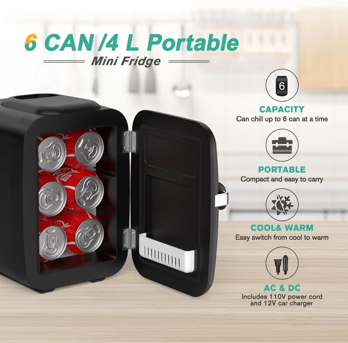 Mini Refrigerador, 4L/6 latas, portátil personal. CROWNFUL