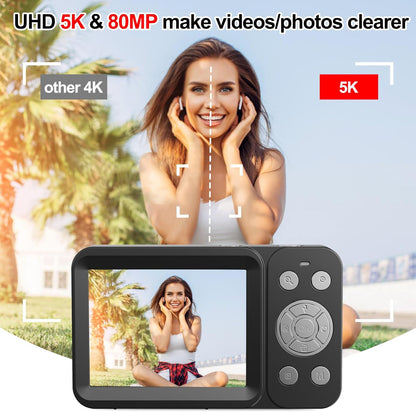 Cámara digital de doble pantalla 5K, 80 MP, para vlog y apps.