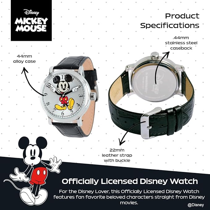 Reloj para adultos, con correa de cuero, Mickey Mouse.