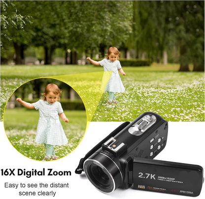 Cámara de video digital 2.7K, 48 MP, zoom digital 16X, panel táctil.