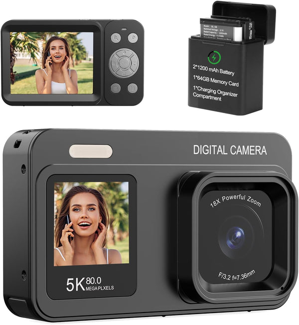 Cámara digital de doble pantalla 5K, 80 MP, para vlog y apps.