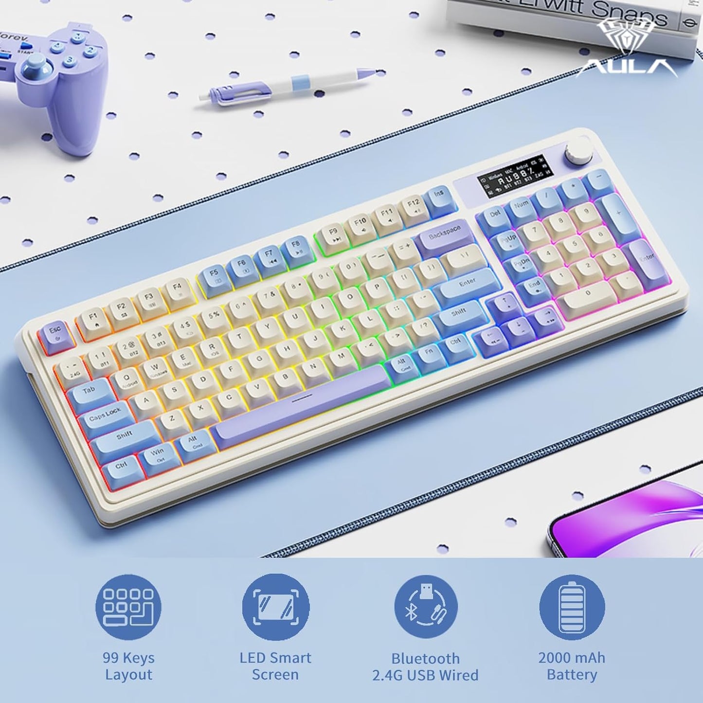 Teclado para juegos AULA S99 Pro, visualización y perilla multimedia.