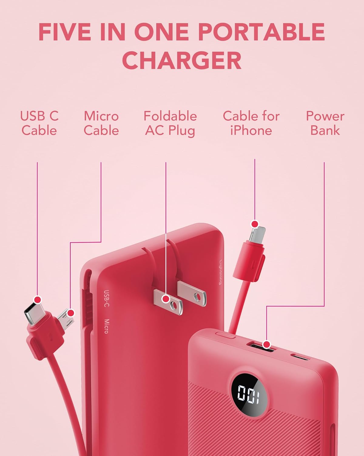 VRURC Cargador portátil con cables y enchufe, 10000mAh.