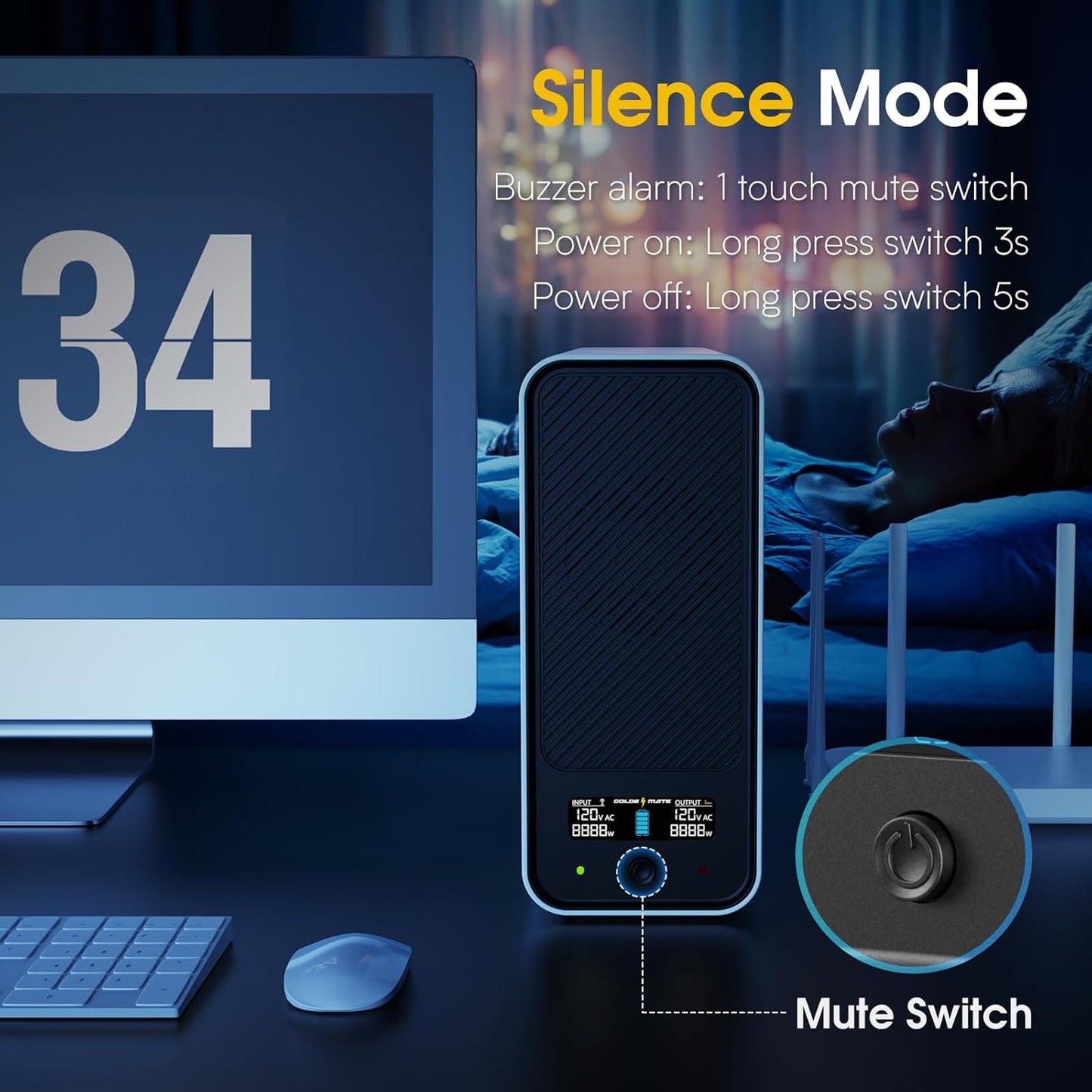 Fuente de alimentación, protector de sobretensiones y batería.