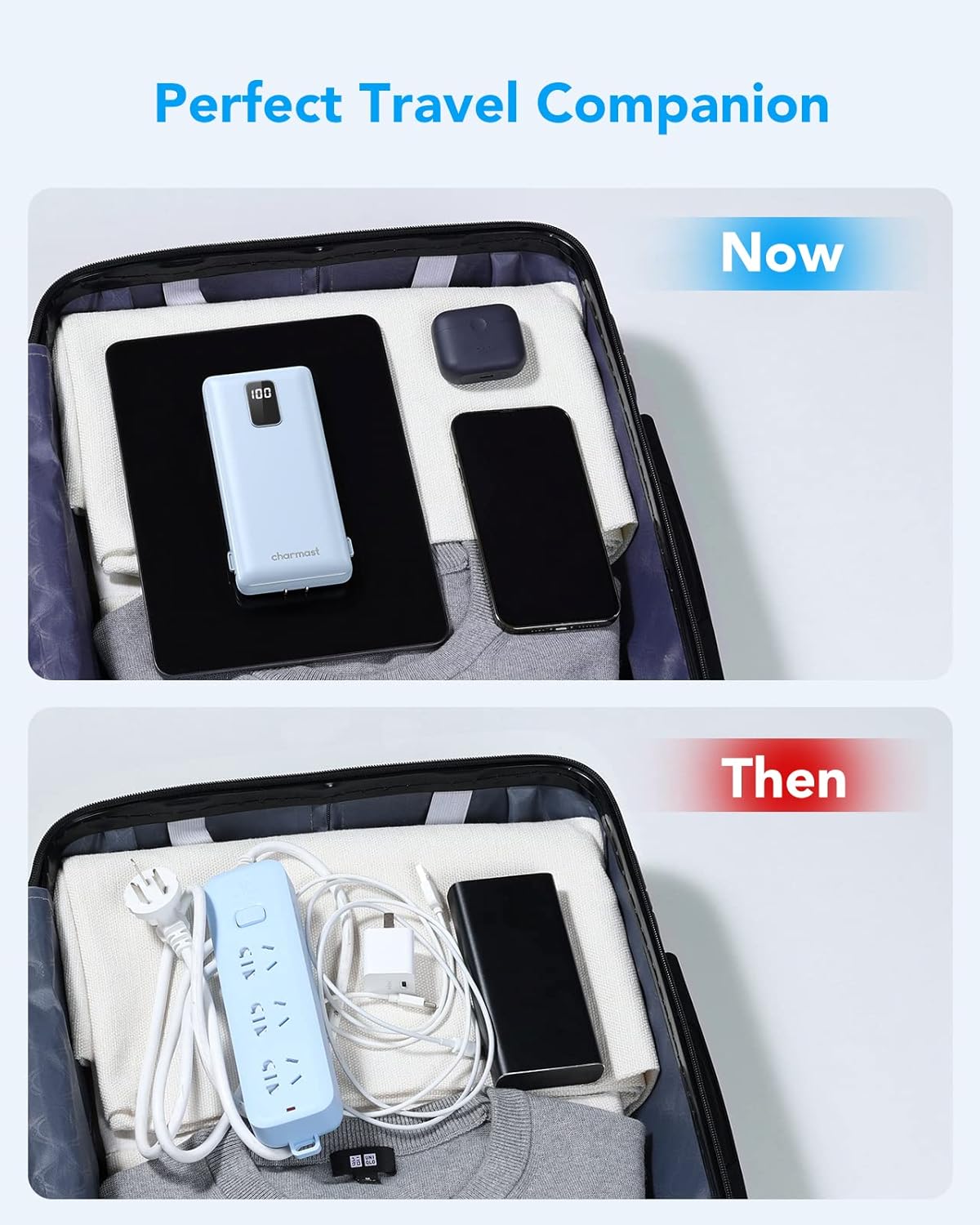 Charmast Cargador portátil con cables integrados y enchufe de pared.