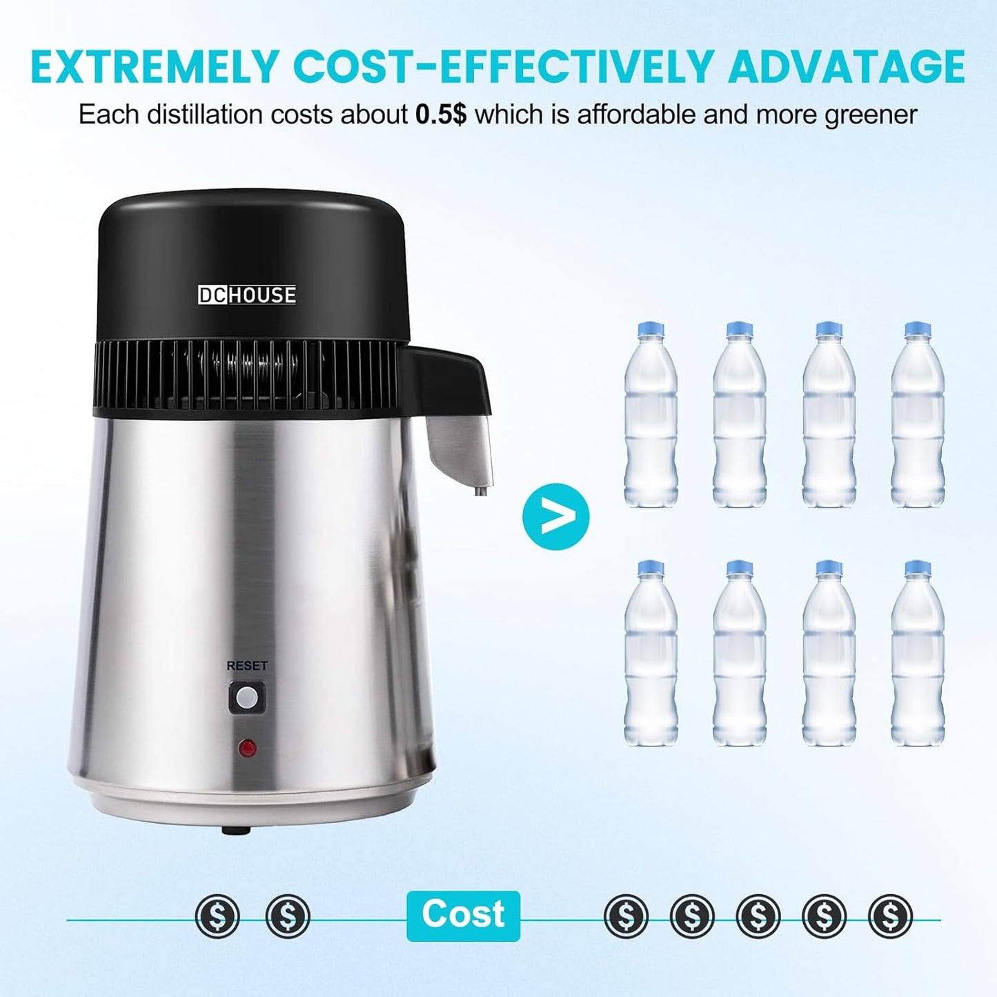 DC HOUSE, Destilador de agua, acero inoxidable, 1GAL. (USADO)