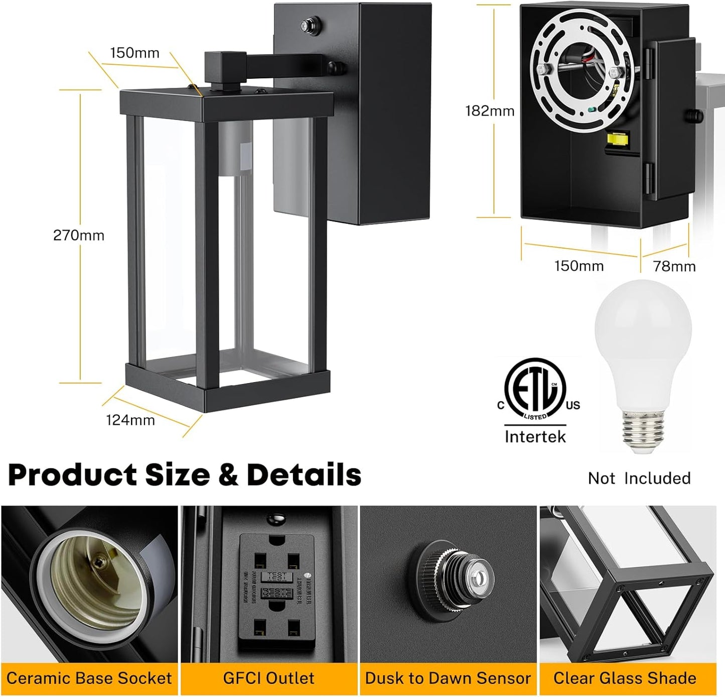 Luz de porche con tomacorriente, impermeable, sensor de luz.
