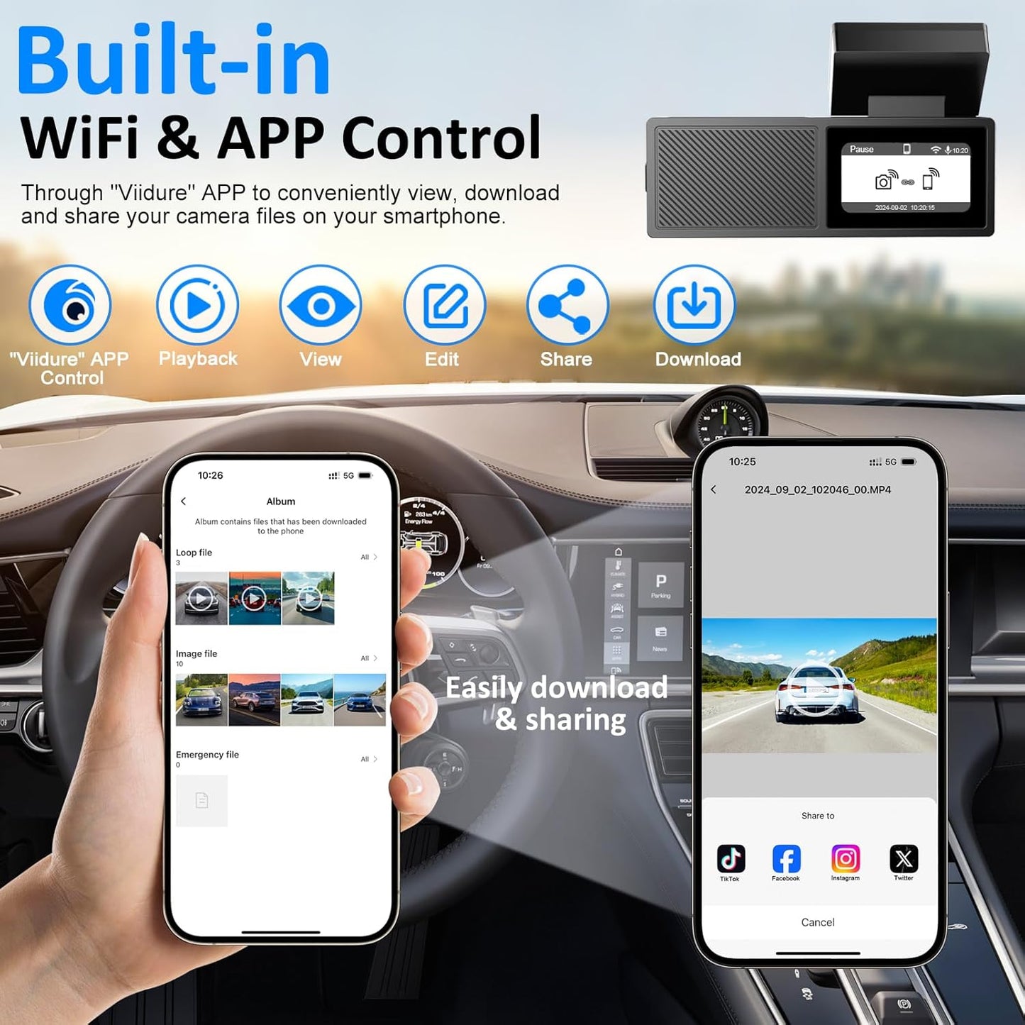 Dashcam, grabación en Bucle, Sensor G, WiFi 2K, Tarjeta SD 64GB.