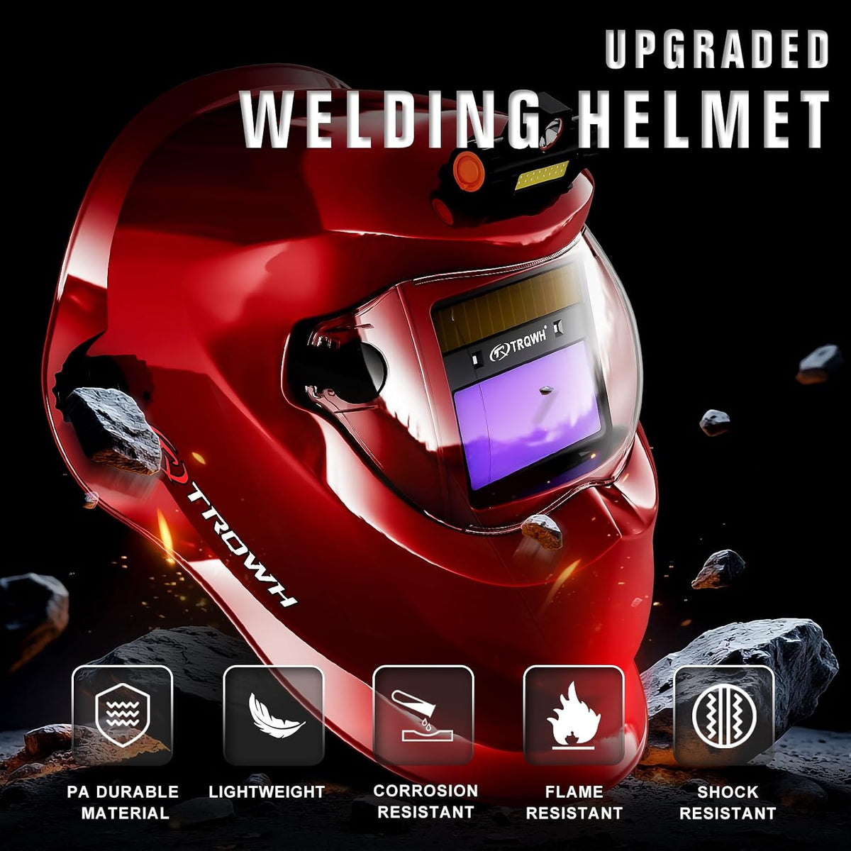 Casco de soldadura TRQWH rojo con oscurecimiento automático y energía solar — vista 3