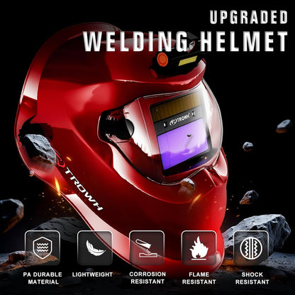 Casco de soldadura TRQWH rojo con oscurecimiento automático y energía solar — vista 3