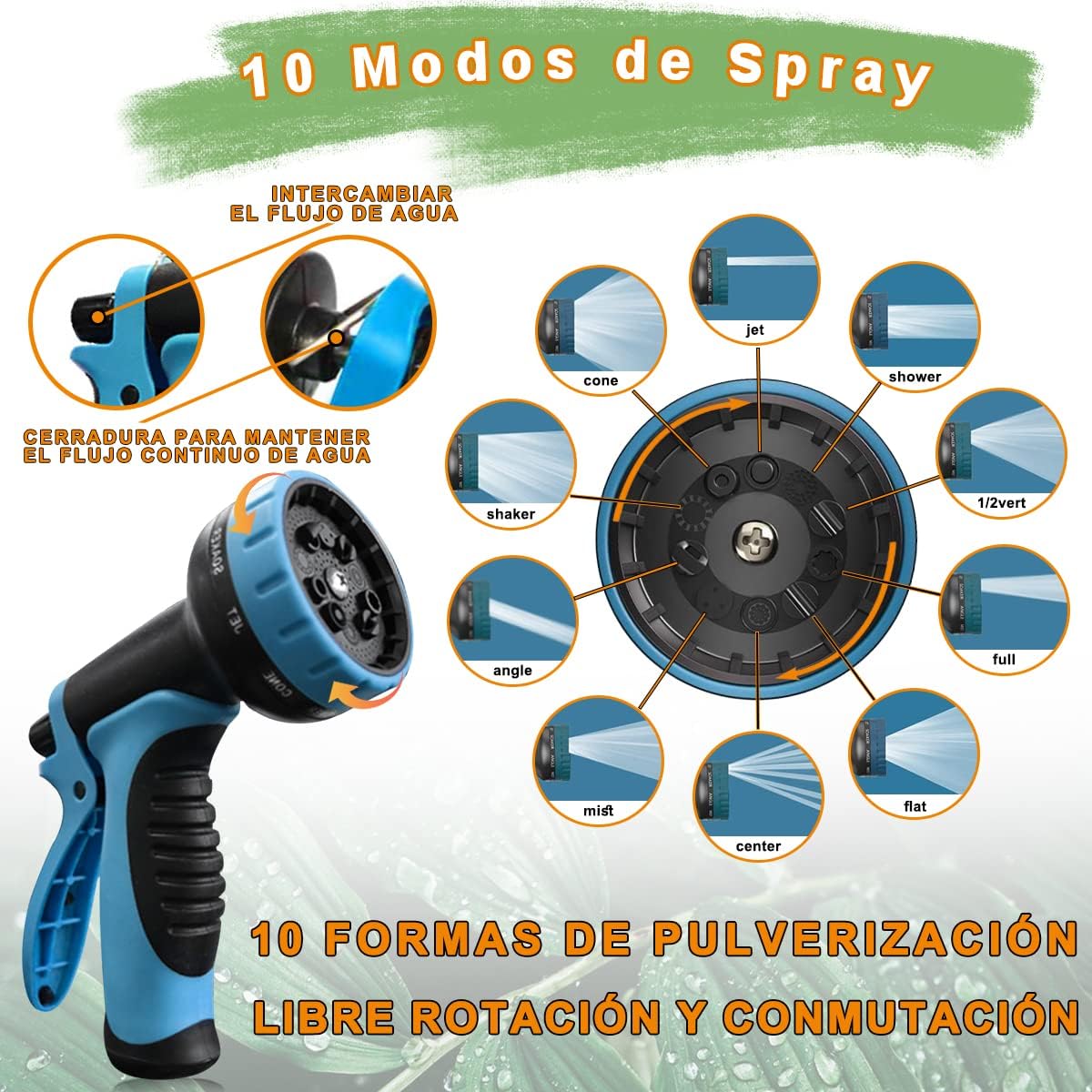 Manguera de Jardín Expandible hasta 15 Metros, Boquilla 10 modos.