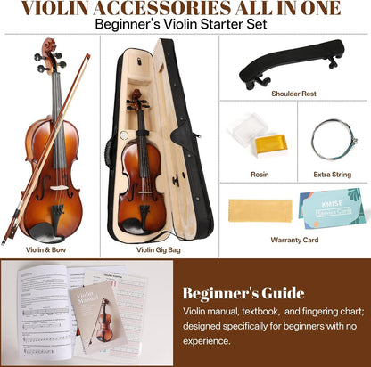 Juego de violín Kmise acústico 4/4, con estuche, colofonia y cuerdas.