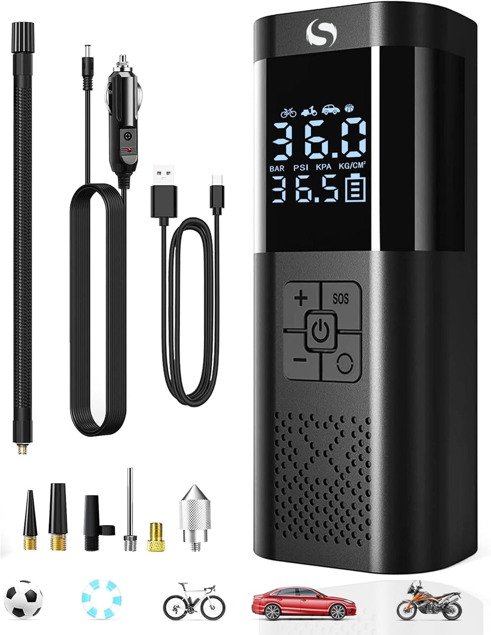 Mini-compresor portátil con manómetro Servomaster, Luz SOS.