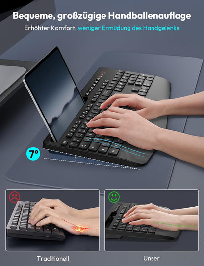 Teclado inalámbrico con reposamuñecas, ranura para teléfono o tablet.