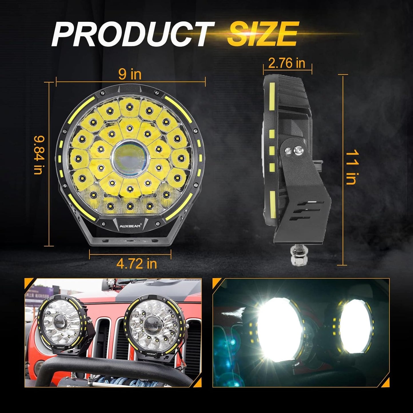 Luces de neblina, Auxbeam, OFF ROAD, Redondas, 9", todoterreno.