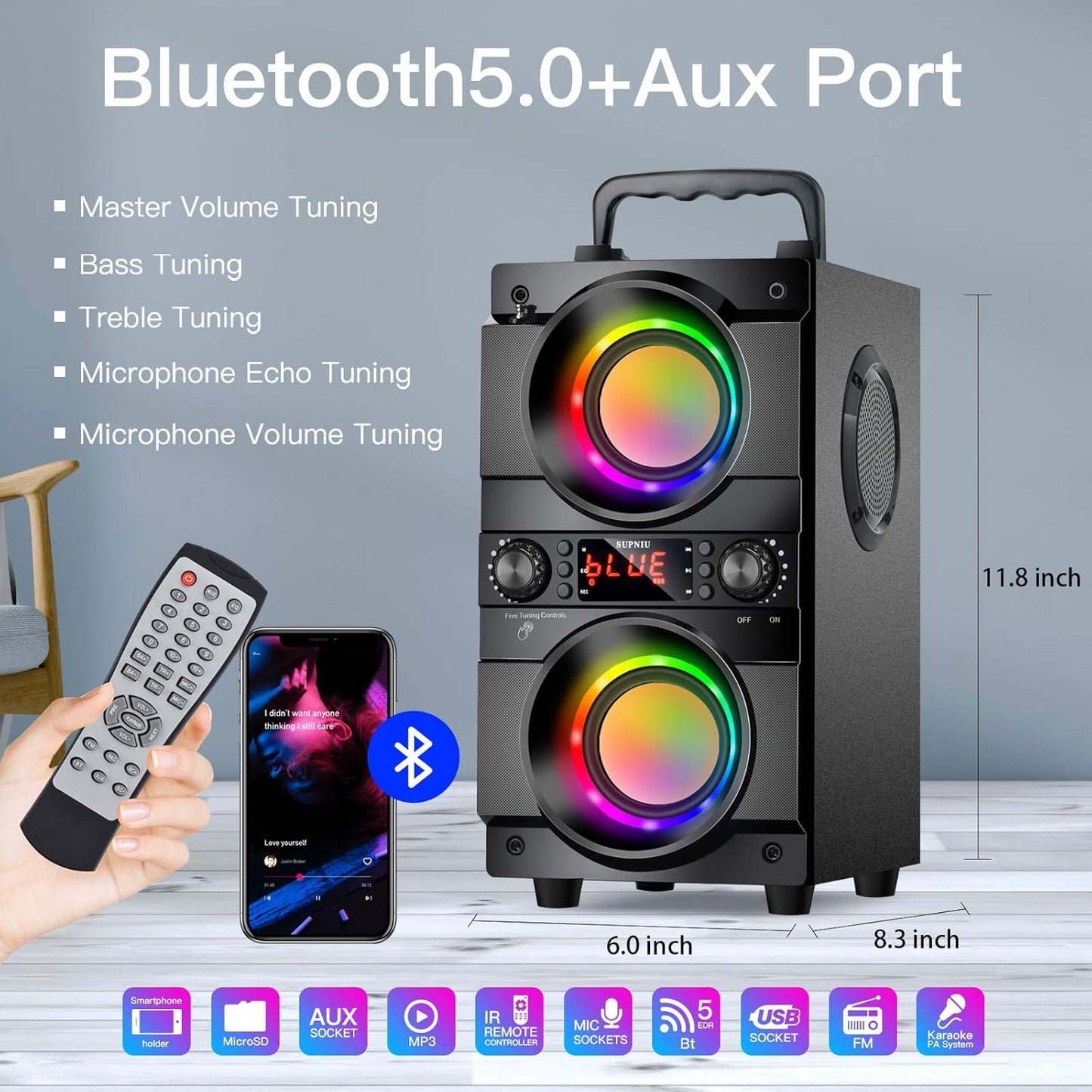 Altavoz Bluetooth portátil de 60 W (pico de 80 W) con doble subwoofer.
