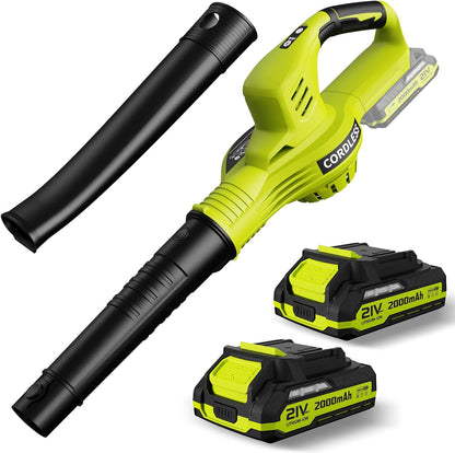 Soplador de hojas inalámbrico, eléctrico de 21 V con 2 baterías y cargador.