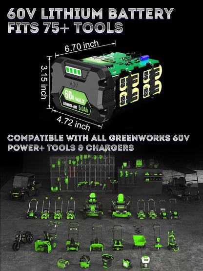 Batería de repuesto de 5.0Ah para Greenworks de 60 V, LB60A03-LB60A02-LB60A00.