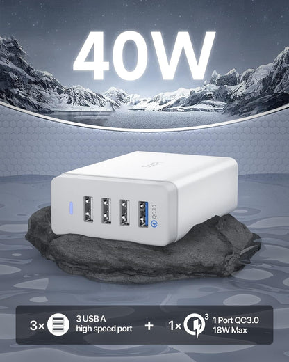 Estación de carga USB de 40 W, USB de 4 puertos con un puerto QC 3.0 SooPii