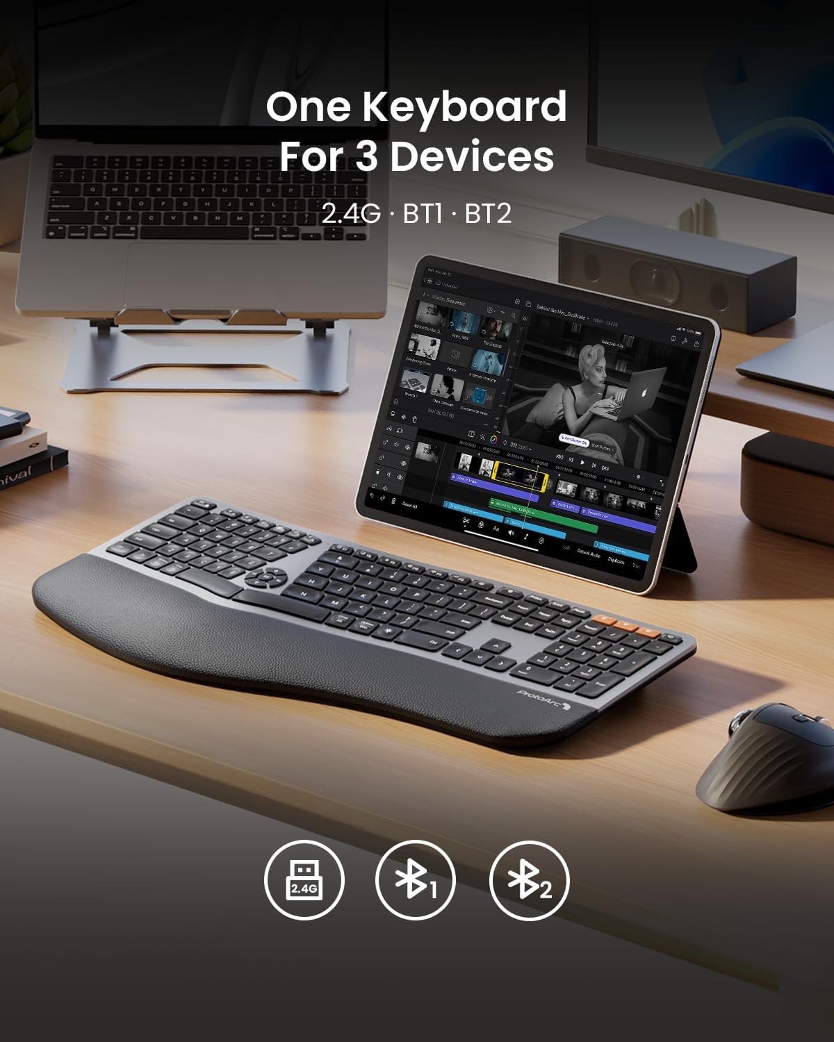 ProtoArc Teclado ergonómico dividido EK01 Plus, completo reposamuñecas.