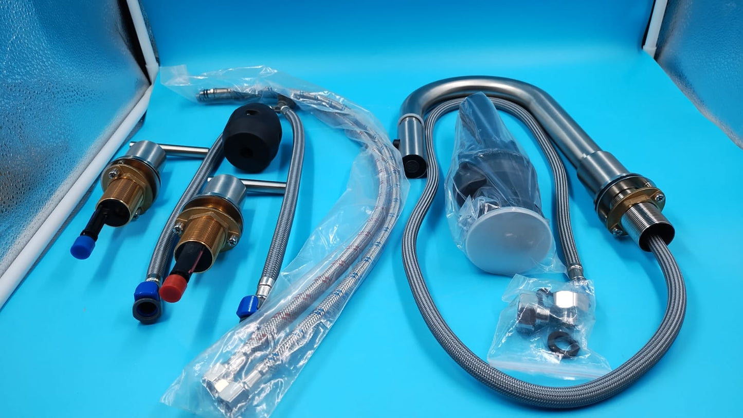 Grifo de baño desplegable con rociador 360° en acero inoxidable cepillado con drenaje emergente