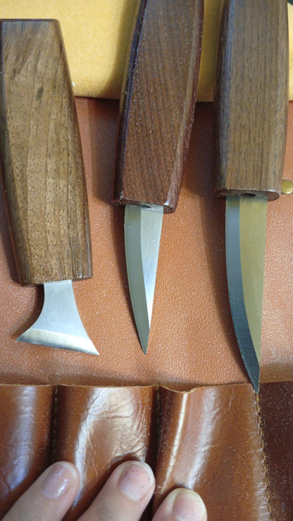 Kit de tallado en madera, 10 cuchillos, 11 cinceles, con bolsa (DETALLE USO)