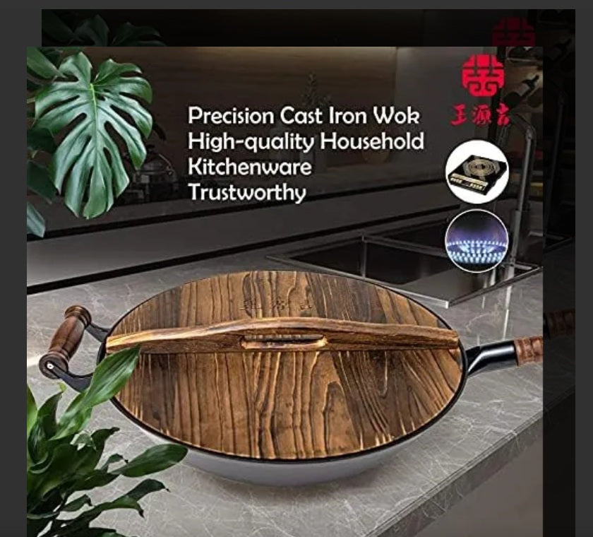 Sartén de hierro  grande con tapa y mango de madera, WANGYUANJI