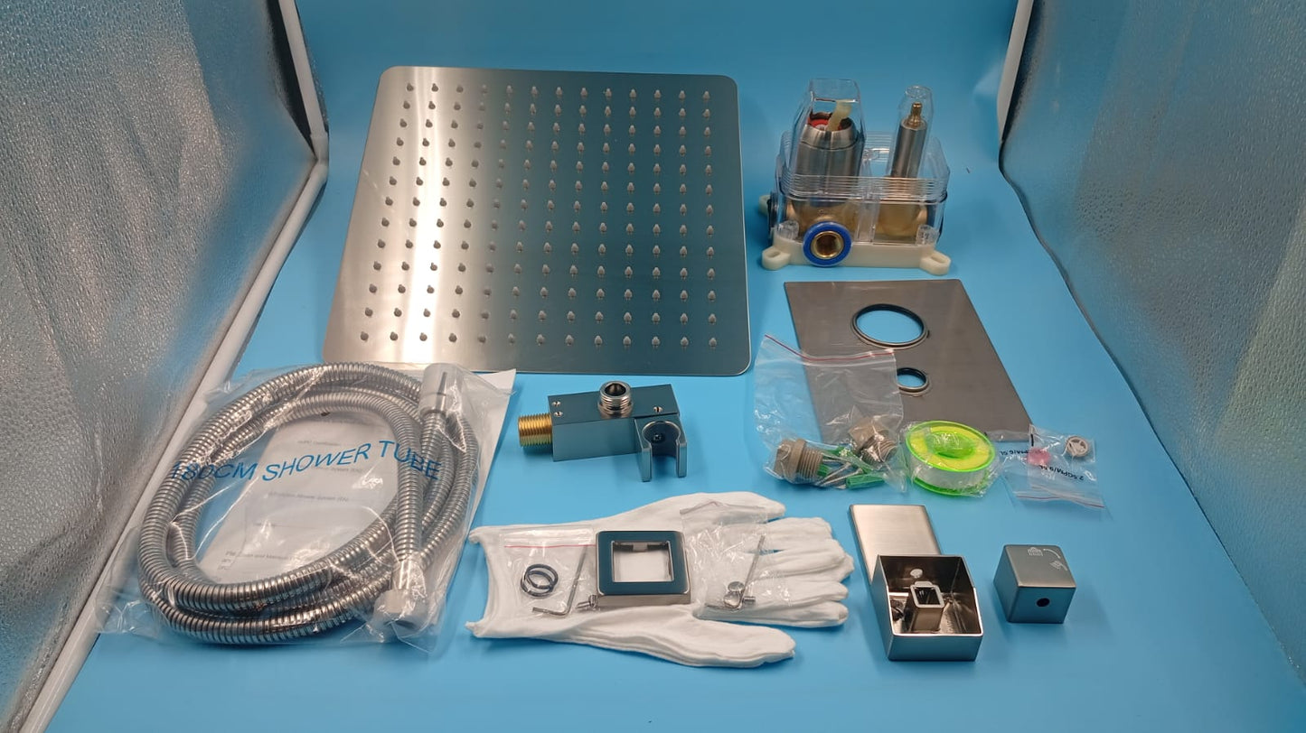 Sistema de ducha de níquel cepillado de 12", con cuerpo de valvula.